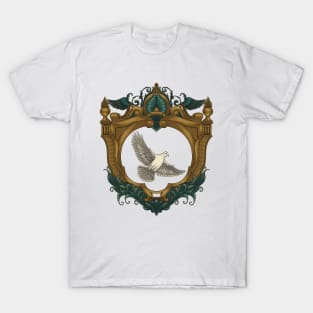 Dove in antique gold frame. Vintage Engraving drawing style, vector Illustration T-Shirt